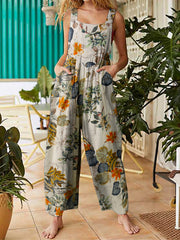 Women Floral Print Cotton Holiday Casual Wide Leg Jumpsuit