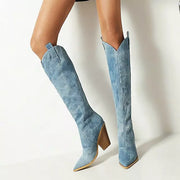 Denim Knee High Boots Cowboy Boots