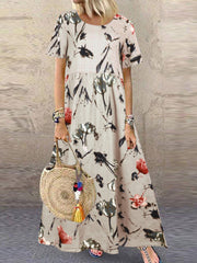 Vintage Floral Print Short Sleeve Loose Casual Women Maxi Dress