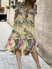 Plant Print High Low Hem Casual Short Sleeve Pocket Women Midi Dress