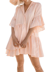 Women Pleated Loose Button Down Half Sleeve Irregular Dress