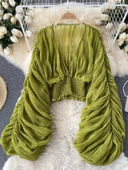 Elegant Chiffon V-neck Puff Long Sleeve Short Tops