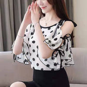 Elegant Ruffles Spliced Bandage Bow Off Shoulder Chiffon Blouse