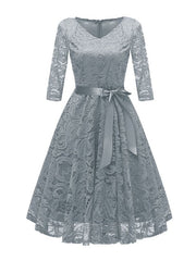 Elegant V-neck Lace Evening Party Swing Dress