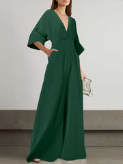 Elegant V Neck Loose Green Playsuits Overalls Long Jumpsuit