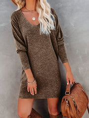 Women Jersey Dress V-neck Pure Color Raglan Sleeves Women Mini Dress