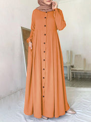 Pure Color Button Down Front O-neck Pleated Puff Sleeve Pocket Women Maxi Dress