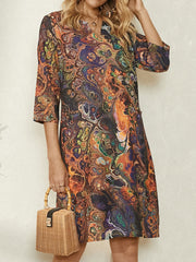 Women Multi-Color Vintage Print 3/4 Sleeve V-Neck Dress With Pocket