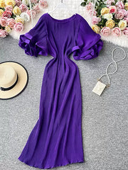 Flare Short Sleeve Waist Ruffle Long Dress