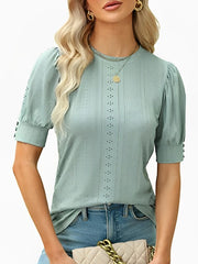 Fashion Hollow Out O Neck Puff Sleeve Office Lady Shirt