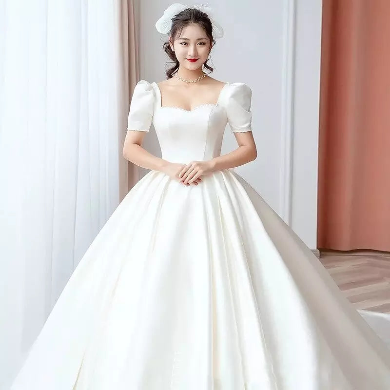 Pretty Bow Satin Lace A Line Long Evening Dress White Wedding Guest Dress SP1540