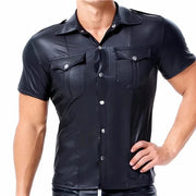 Men's PU Leather T-shirt | Turn-down Collar Button Tee Shirt