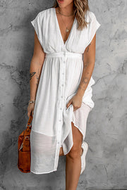 White V-neck Short Sleeve Sexy Women Midi Dresses