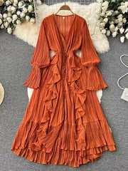Vintage V-neck Flare Sleeve Chiffon Pleated Long Dress Women