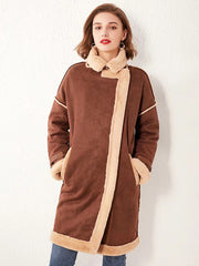 Women Faux Suede Leather Fur Long Jacket