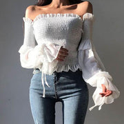 Fashion Women Long Sleeve Off Shoulder Bow Blouse