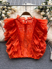 Women Orange Ruffles Sleeveless Sexy Tank Top