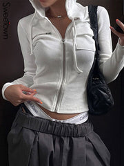 Women Tops White Zip Up Hooded Jackets