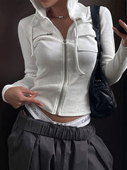Women Tops White Zip Up Hooded Jackets