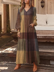 Casual Plaid Notch Neck Long Sleeve Vintage Pocket Women Maxi Dress