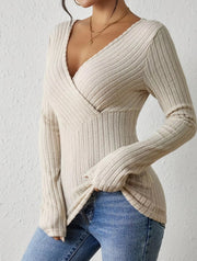 Sexy V-neck Knitted Long Sleeve Women Blouse