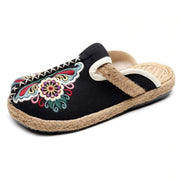 Women Casual Linen Handmade Embroidery Mules Flat Slippers