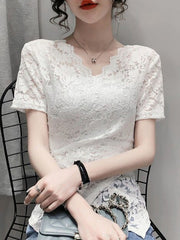 Fashion Sexy Women Navy Blue V-neck Lace Blouse