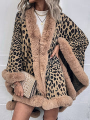 Női Vintage Leopard meleg szőrmegallér Cape kabát