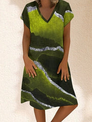 대비 색 그라데이션 V- 넥 짧은 소매 느슨한 캐주얼 드레스 여성