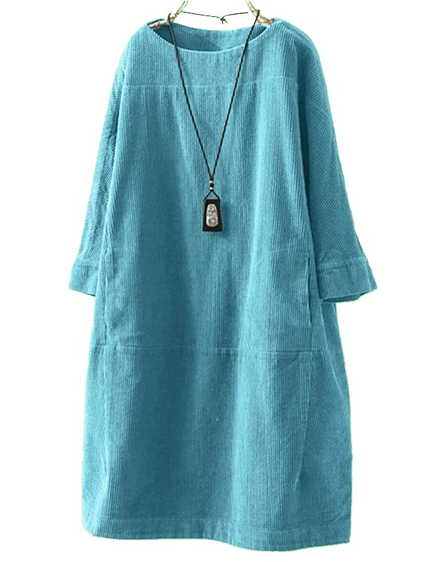 corduroy dresses women Vintage Corduroy Plain O-neck Casual Wit Pocket Women Midi Dress – Come4Buy eShop