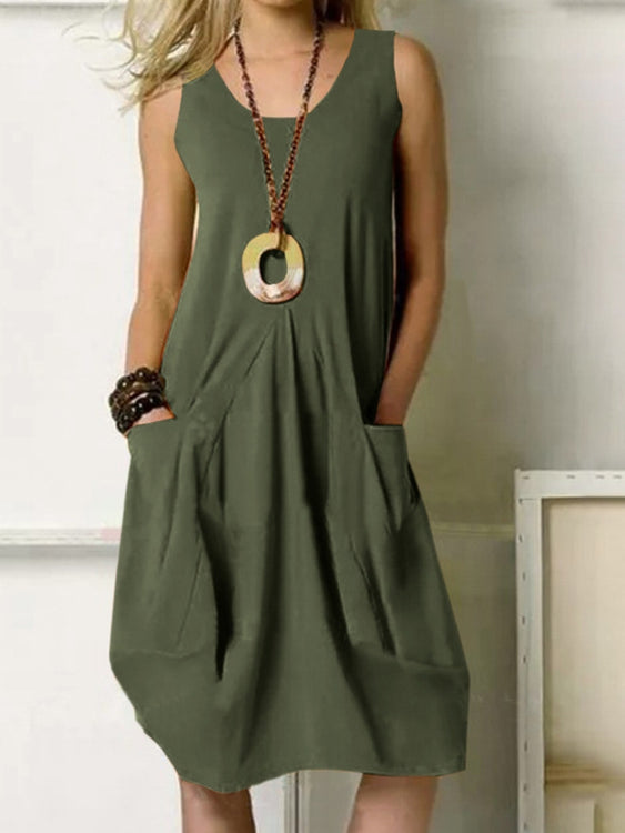 Pocket Sleeveless O-neck Irregular Casual Solid Women Midi Dress