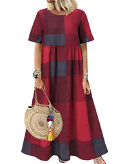 Casual Round Neck Plaid Printed Long Dress