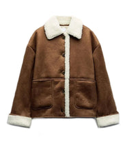 Vintage grube ciepłe futro brązowa kurtka damska