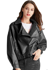 Women Faux Leather Coat Retro Short Zipper Motor Pu Red Jacket