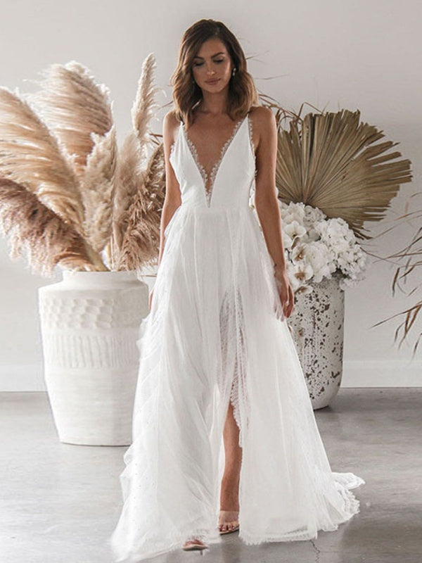 Woman White Split V Neck Maxi Slip Dress – Come4Buy eShop