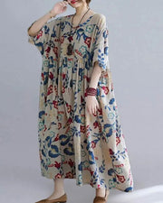 Casual Floral Printed Loose Fit O-neck Women Maxi Dress