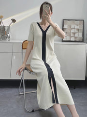Elegant Vintage Short Sleeve Knitted Slim Maxi Dresses