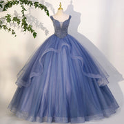 Mėlyna „Quinceanera“ suknelės, vakarėliui skirta suknelė iki grindų