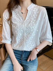 Women Blouse Tops V-neck Short Sleeve White Shirt