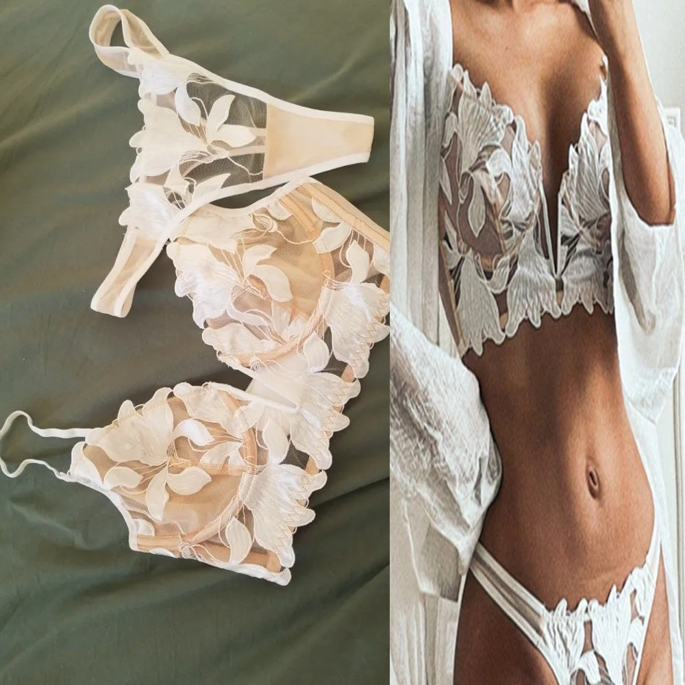 Elegant and Seductive French Lace Embroidery Deep V Bra and Panty Set –  Come4Buy eShop