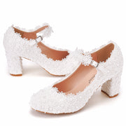 Women Thick Heel Round Head Pumps White Lace Pearl 7CM