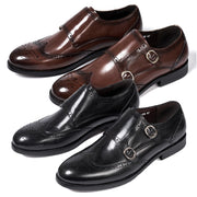Classic Leather Men's Double Buckle Monk Strap Brogue Shoes