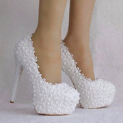 Women Flower Lace Pearl Wedding Shoes 14cm Heels