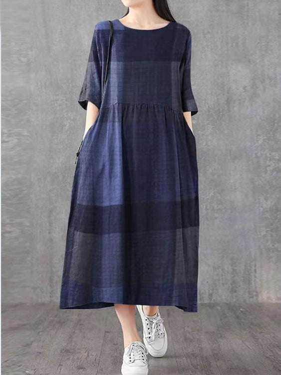 Plaid Half Sleeve Pocket Women Midi Dresses