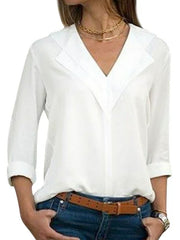 Блуза са двоструким В-изрезом за жене Бела блуза са дугим рукавима за слободно време
