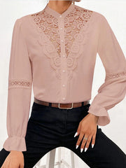 Tops Solid White Lace Shirt Stand Collar Blouses Women