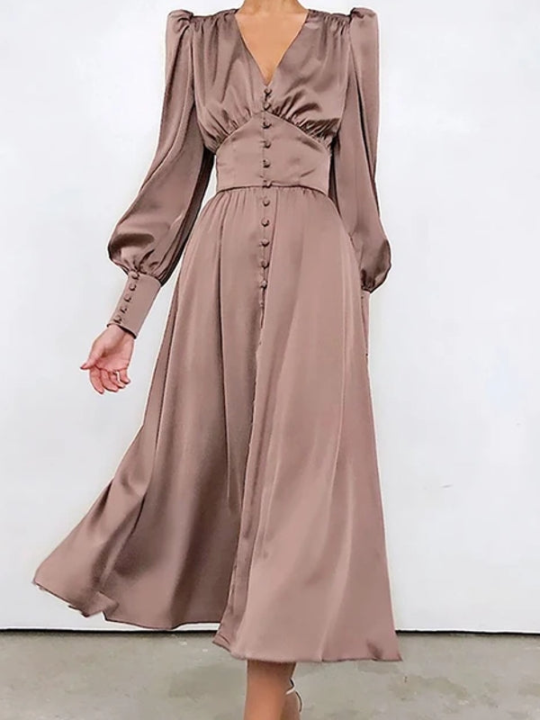 button down maxi dress with sleeves Satin Button Up V-neck Long Sleeve Elegant Women Maxi Dress – Come4Buy eShop