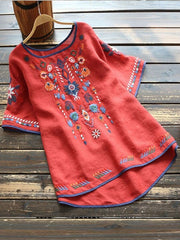 Женска национална мајица летња памучна лан са округлим изрезом
