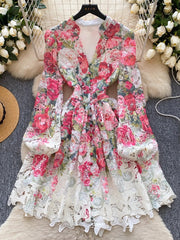 Women V-Neck Long Lantern Sleeve Lace Clothing