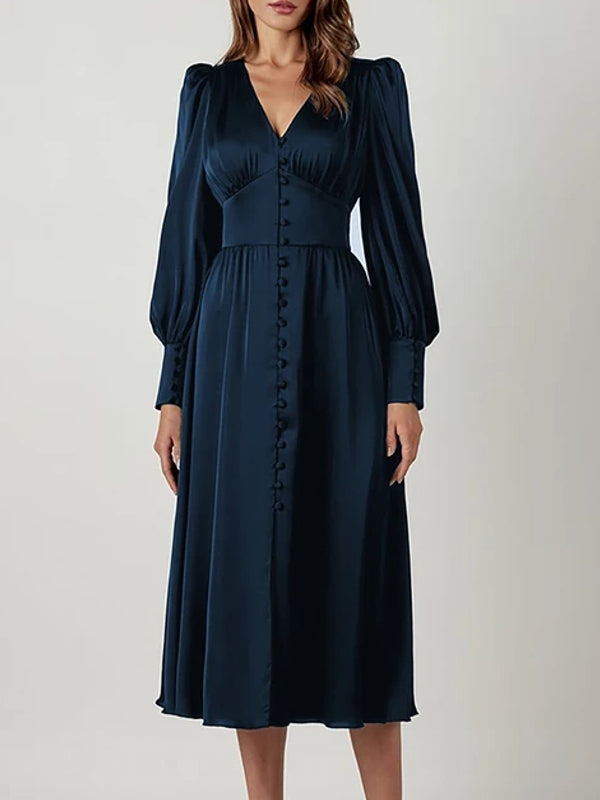 Satin Button Up V-neck Long Sleeve Elegant Women Maxi Dress – Come4Buy eShop Satin Button Up V-neck Long Sleeve Elegant Women Maxi Dress – Come4Buy eShop
